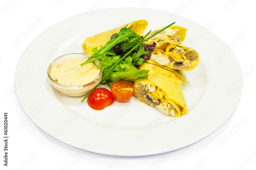Pancake with chicken, mushroom and sauce on plate, menu Pancake with chicken, mushroom and sauce on plate, menu