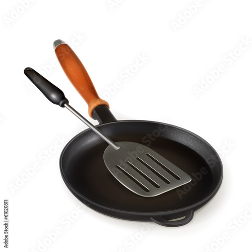 Frying pan and spatula, photo realistic vector illustration