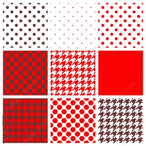 Vector brown, white, red polka dots, houndstooth background set