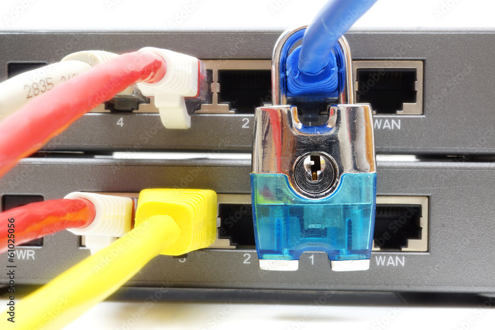 network and data protection concept with padlock and switch network and data protection concept with padlock and switch