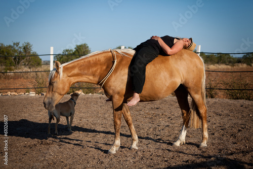 junge weibliche reiterin trainiert ihr pferd im freien im sommer © juniart