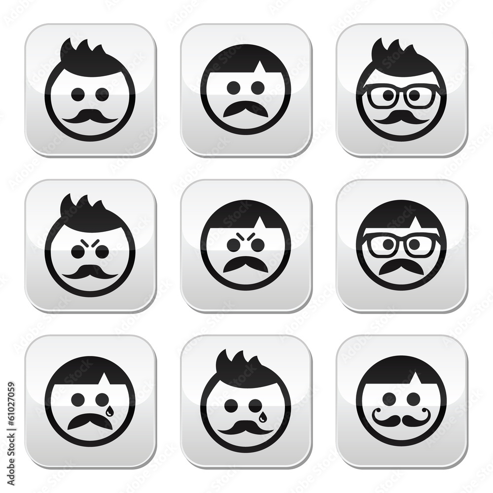 Obraz premium Man with moustache or mustache, avatar vector buttons set