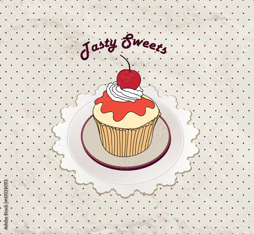 Pastry on vintage background. Sweets gift card. Cupcake set