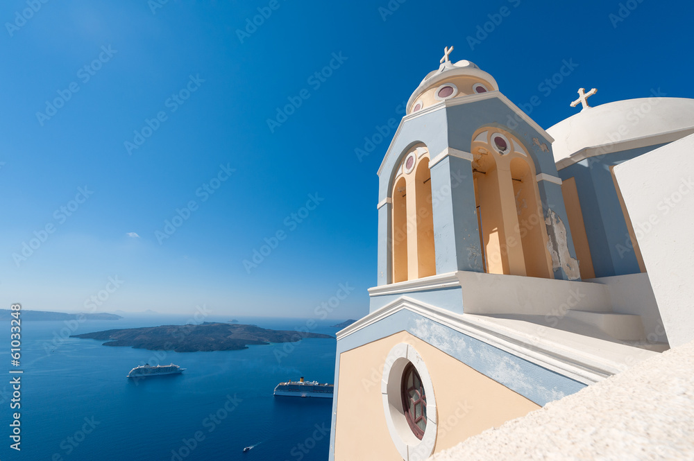 Church and Cruise Ships in Santorini Greece