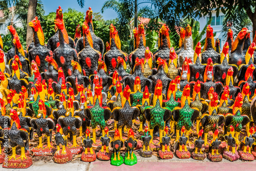 Photography rooster statues offerings Wat Yai Chaimongkol Ayutthaya bangkok