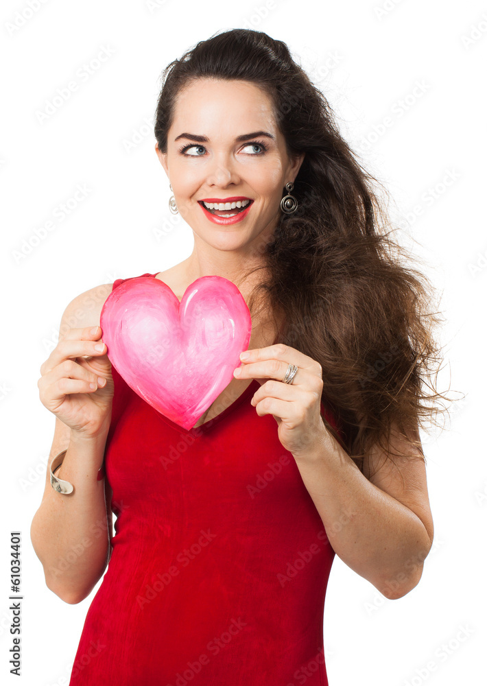 Smiling woman holding red love heart. Smiling woman holding red love heart.