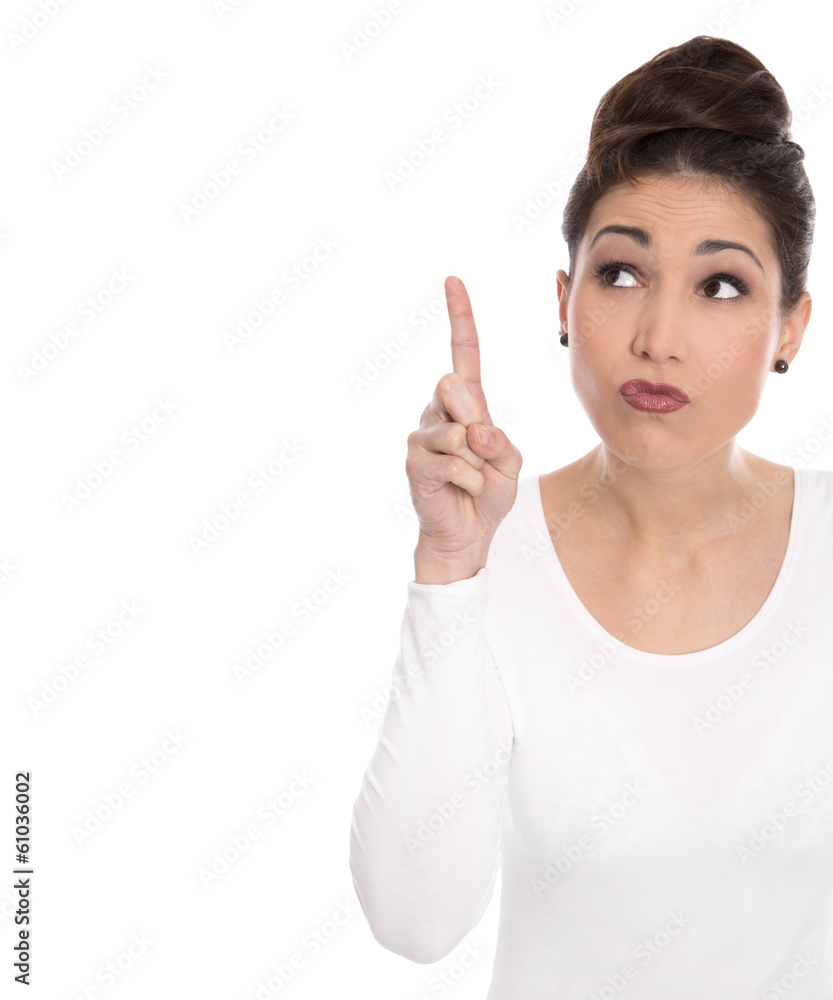 Frau isoliert mit Zeigefinger auf Weiß zum Text Frau isoliert mit Zeigefinger auf Weiß zum Text