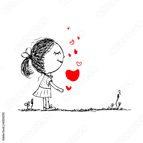 Girl with red heart, valentine card sketch for your design
