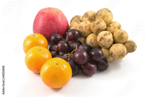 Lansium domesticum, grapes, orange, apple