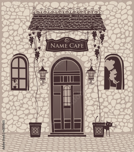 entrance to the city cafe with a porch and grapes