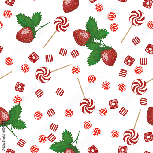 Strawberry lollipops, candy and chewing gum