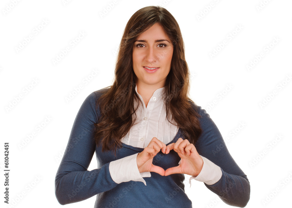 young woman shows sign and symbol by hands on white background young woman shows sign and symbol by hands on white background