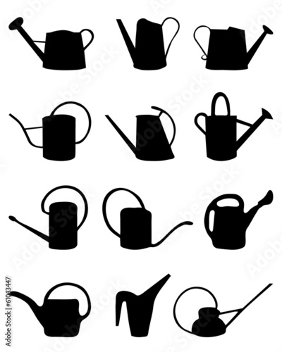 Black silhouettes of watering cans on white background, vector