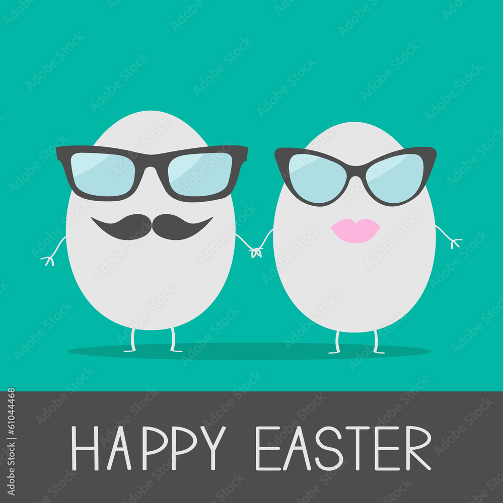Fototapeta premium Egg easter couple with lips, mustaches and eyeglasses. Cute and