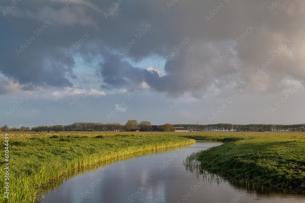 cloud sky over river in Dutch farmland