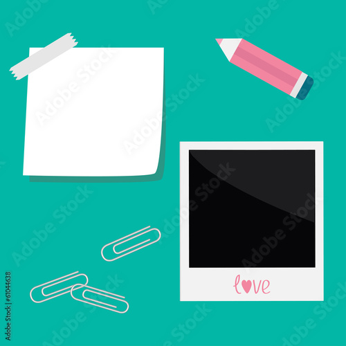 Instant photo, sticker  with  tape, paperclips and pencil in fla
