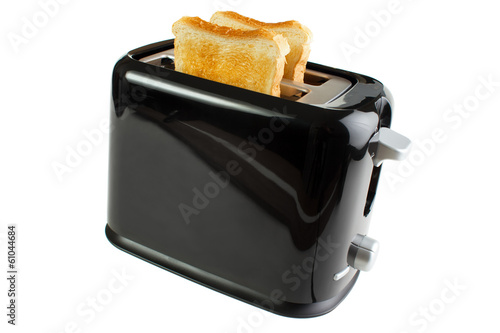 Black toaster with bread slices , isolated on white