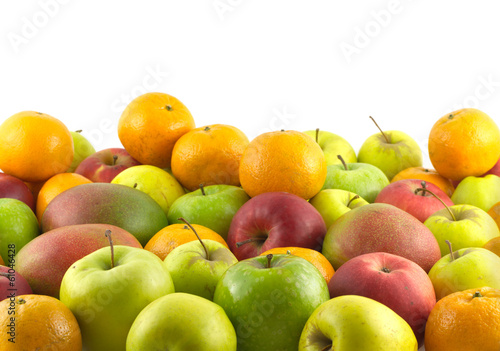Ripe assorted fruits as background isolated on white closeup