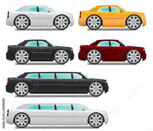 Cartoon cars with big wheels set sedan and limousine