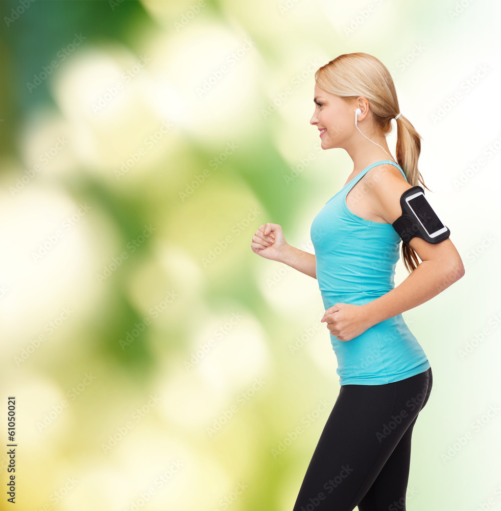 sporty woman running with smartphone and earphones sporty woman running with smartphone and earphones