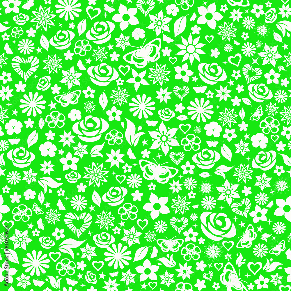 Seamless pattern of flowers, white on green Seamless pattern of flowers, white on green