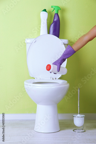 Woman hand with spray bottle cleaning a toilet bowl in a photo