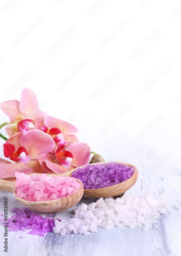 Still life with beautiful blooming orchid flower and wooden Still life with beautiful blooming orchid flower and wooden