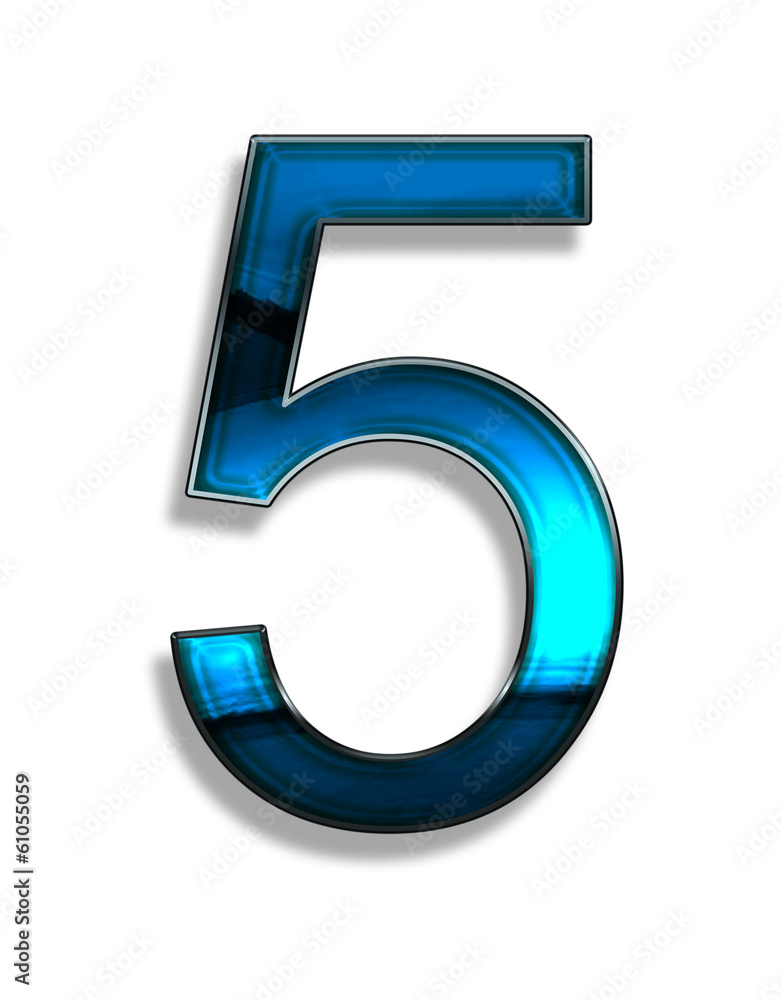 five, illustration of number with blue chrome effects on white five, illustration of number with blue chrome effects on white
