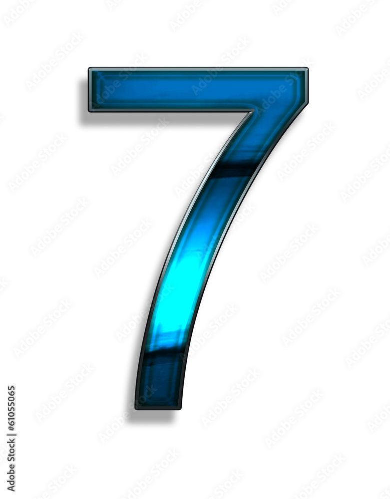 seven, illustration of number with blue chrome effects on white seven, illustration of number with blue chrome effects on white