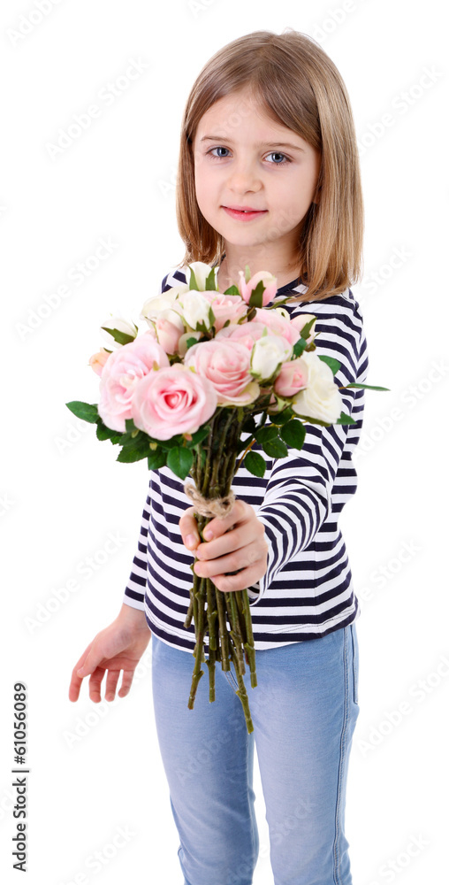Beautiful little girl holding bouquet isolated on white Beautiful little girl holding bouquet isolated on white