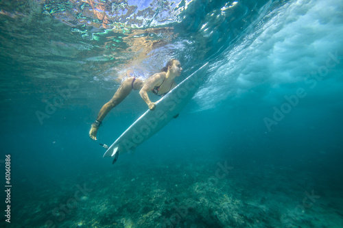 Photography surfing a wave.underwater viewing.