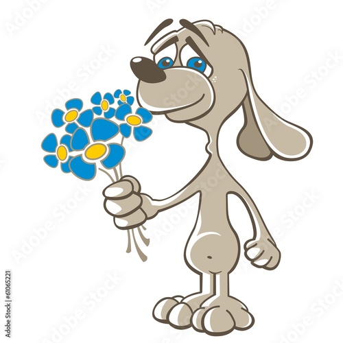 Dog - Doggy in love holding blue flowers - Valentine´s day