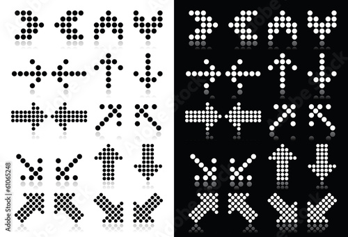 Dotted arrows icons set on white and black background