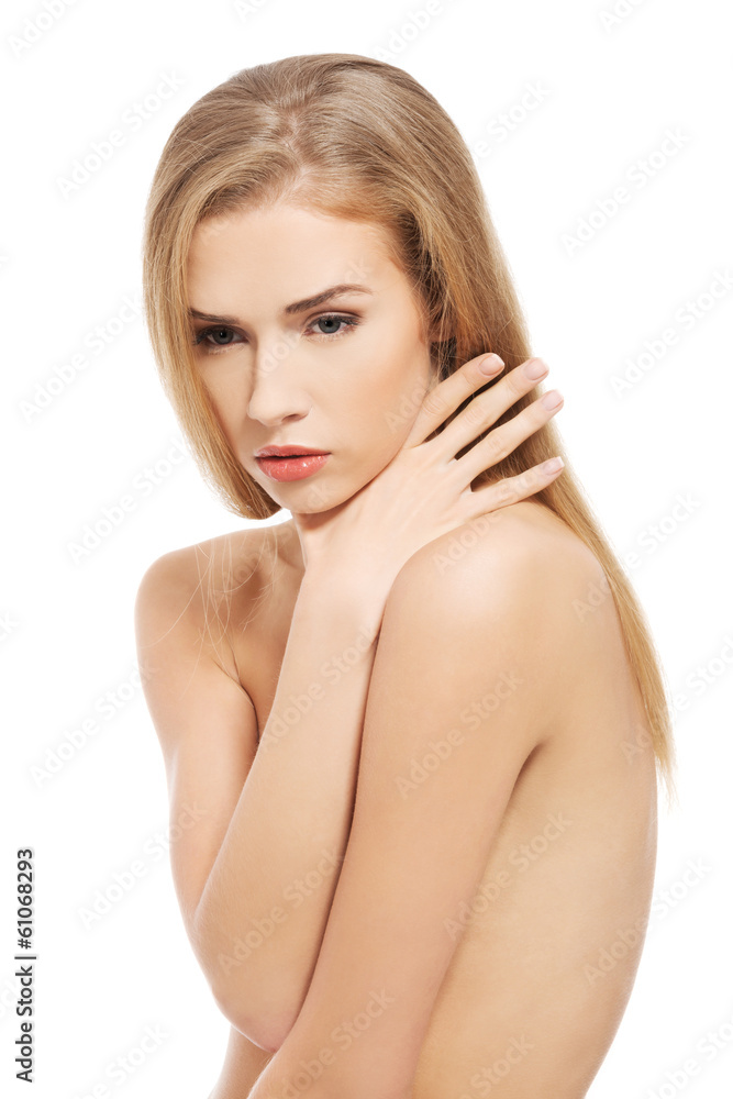 Beautiful topless woman with fresh clean skin.