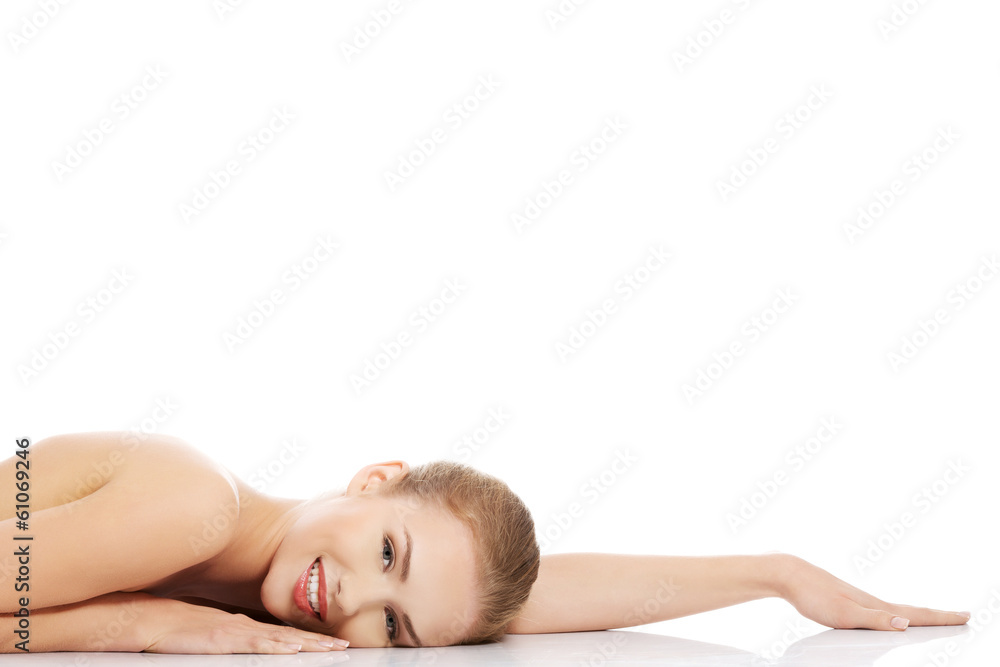 Beautiful caucasian naked woman lying down. Beautiful caucasian naked woman lying down.