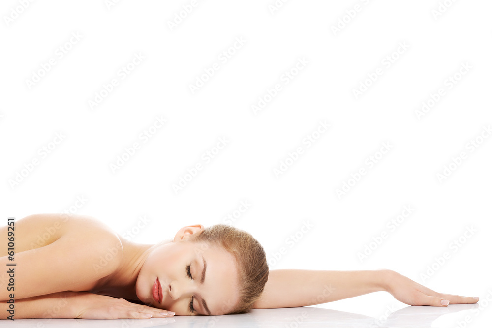 Beautiful caucasian naked woman lying down. Beautiful caucasian naked woman lying down.
