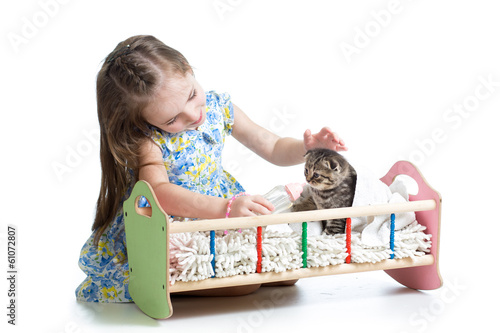 child girl feeding and play...