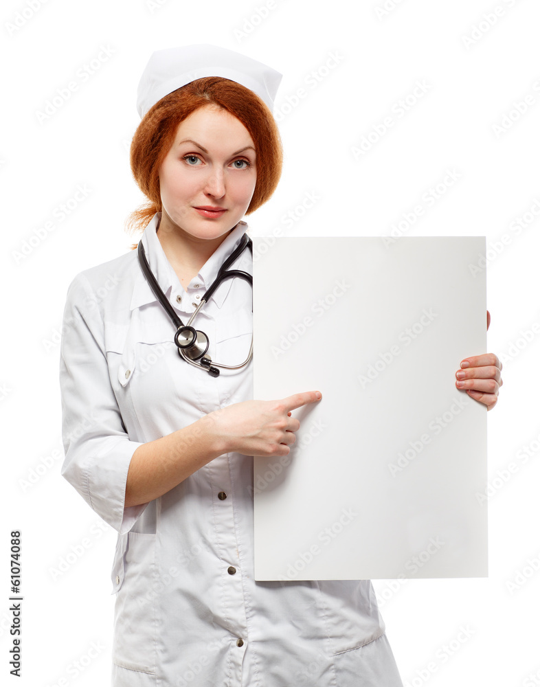 Woman doctor with an empty white board. Woman doctor with an empty white board.