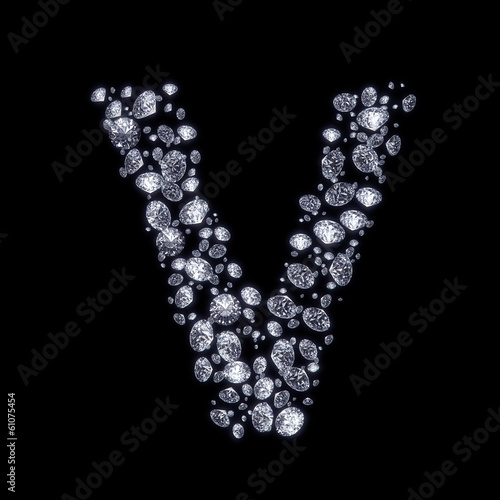 3D Diamond letter V on black isolated with clipping path