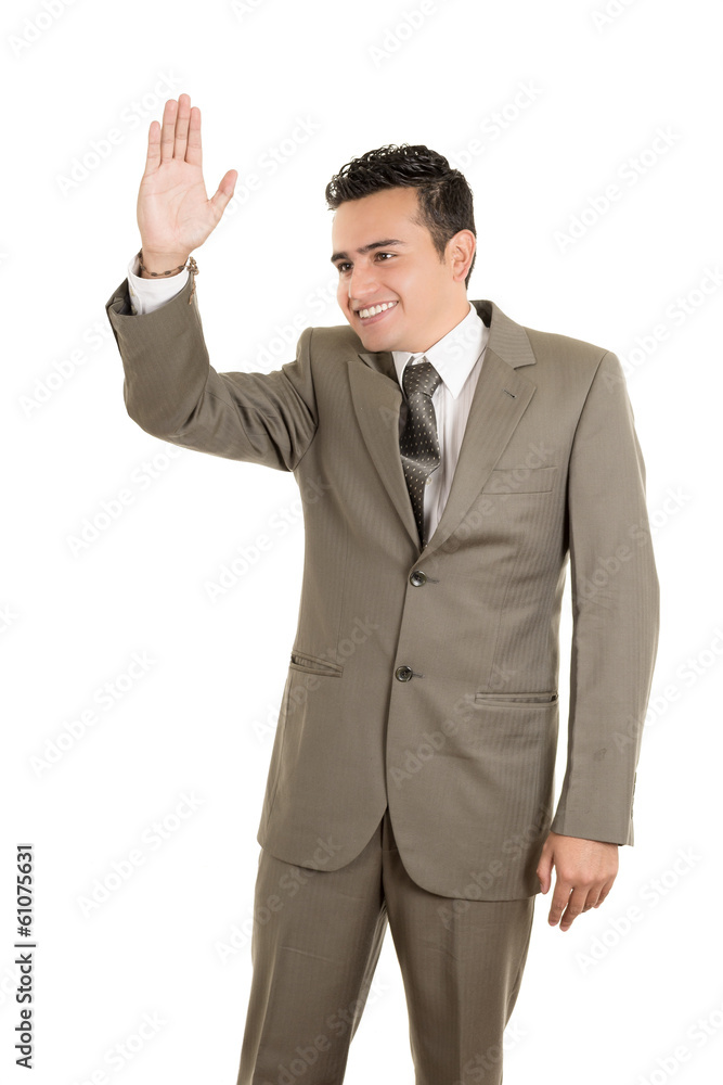 hispanic business man waving, isolated hispanic business man waving, isolated