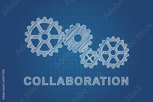 Collaboration Concept. Technical drawing of gears, the idea of t