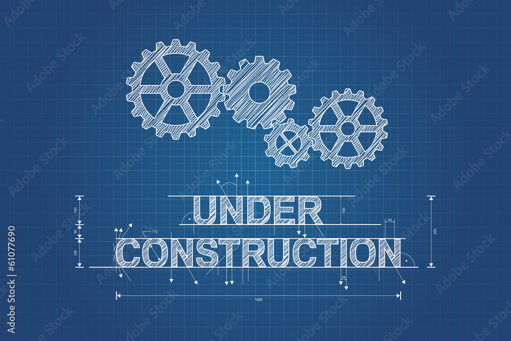 Under construction blueprint, technical drawing with gear wheel - obrazy, fototapety, plakaty 