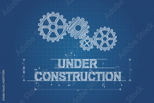 Under construction blueprint, technical drawing with gear wheel