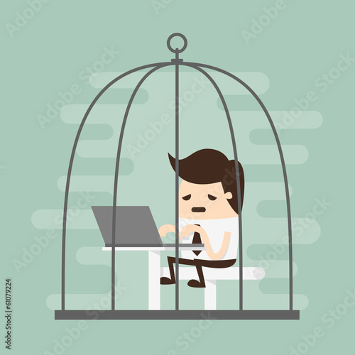 Bored businessman working in birdcage