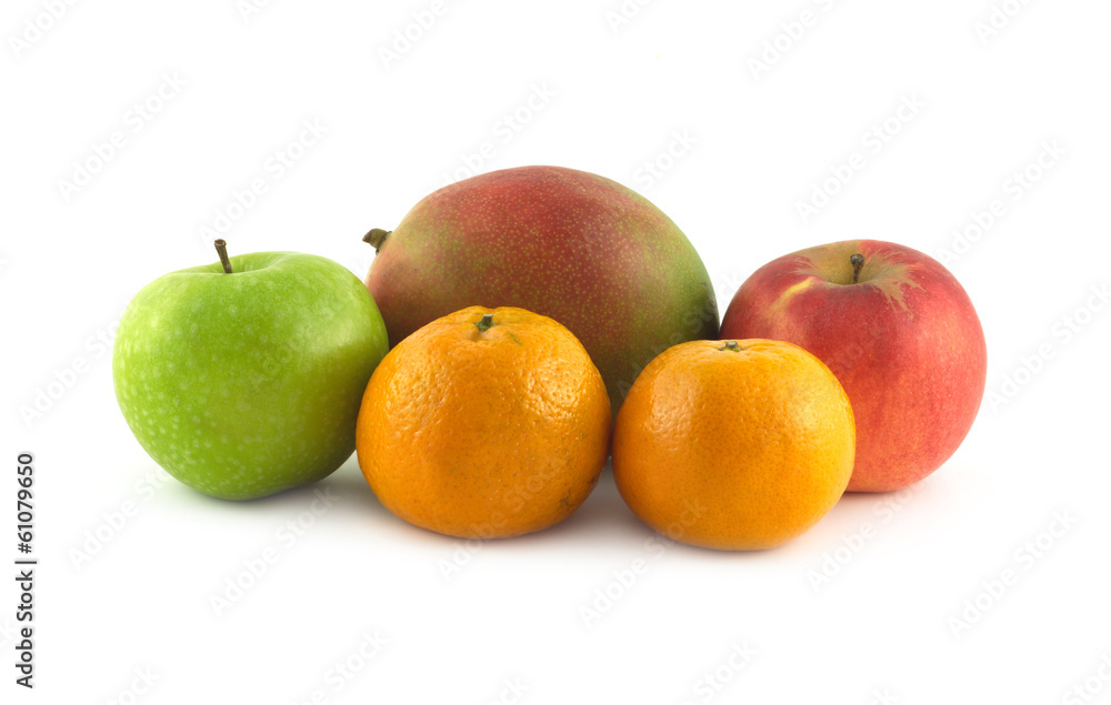 Five ripe tropical fruits isolated on white closeup. Studio shot Five ripe tropical fruits isolated on white closeup. Studio shot