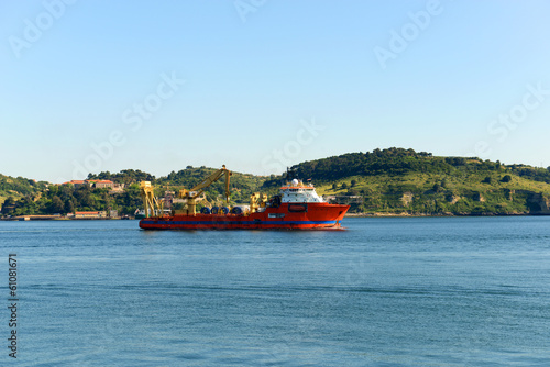 Ship on Tejo (Tagus) River, Belem, Lisbon, Portugal