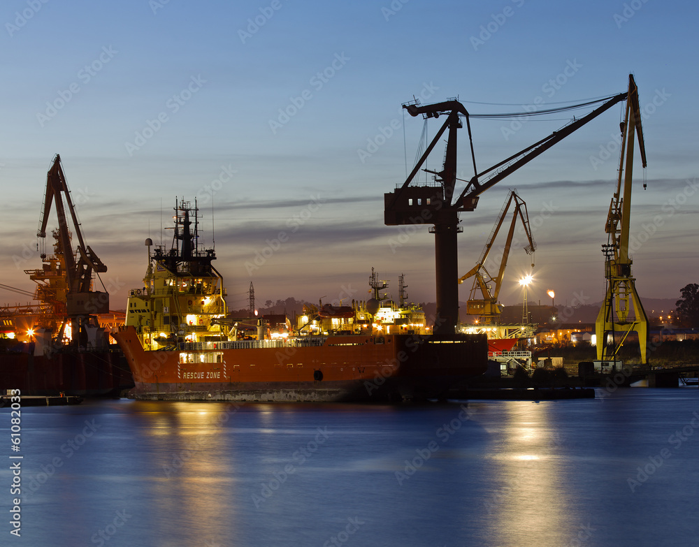 Shipyard at dusk.