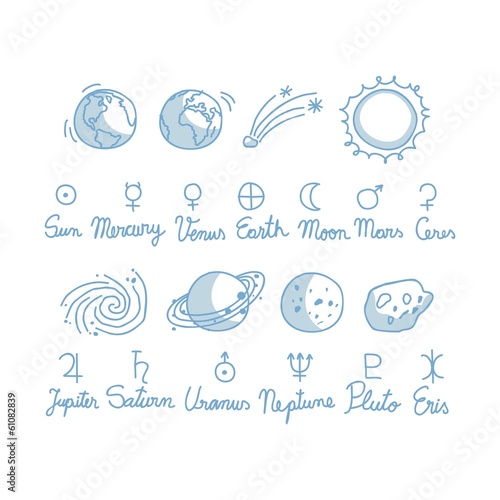 Astronomy set with symbols and various objects