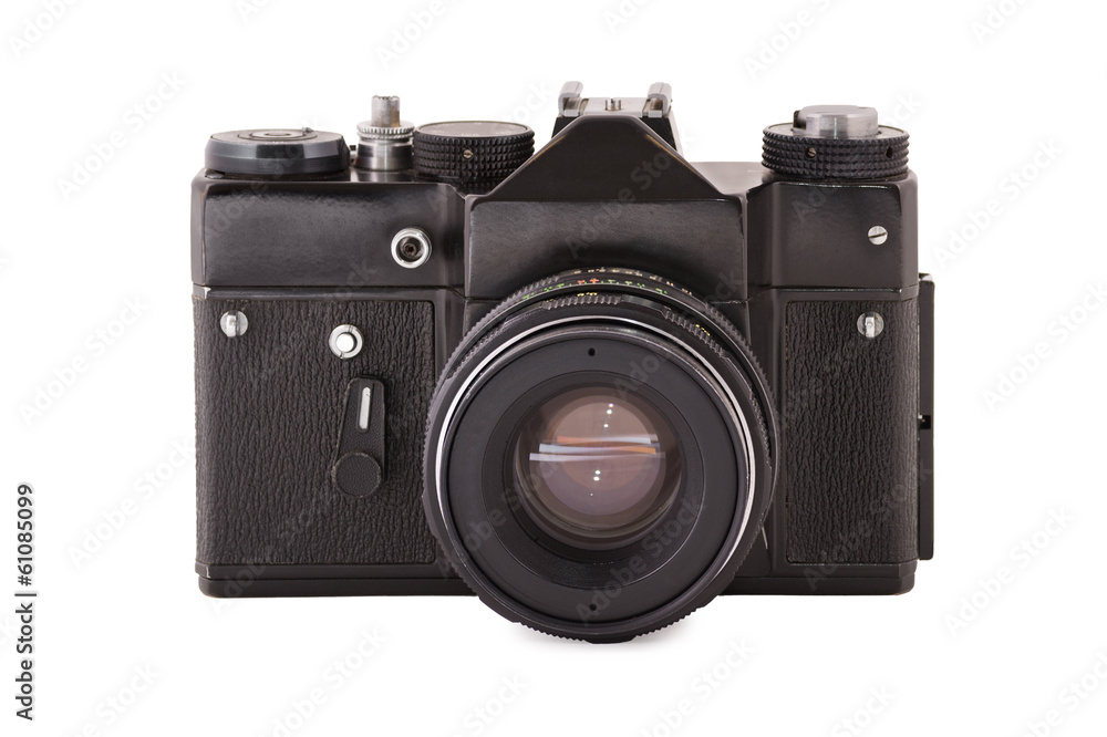 Front shot of the old film black camera Front shot of the old film black camera