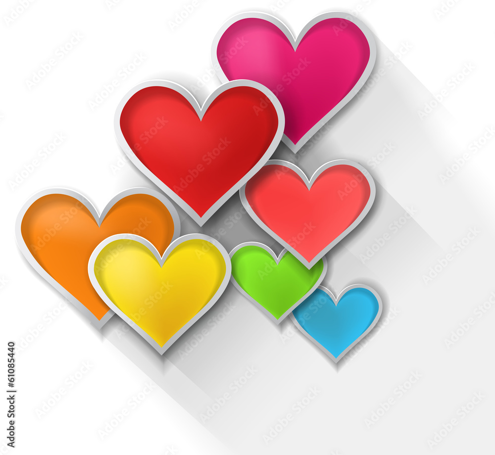 3D colorful paper hearts on white background (vector)